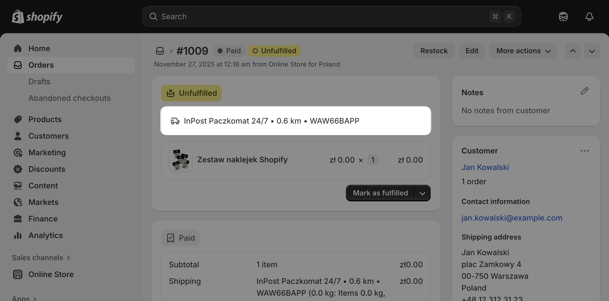 Zamówienie Shopify z wybranym punktem odbioru InPost w metodzie dostawy
