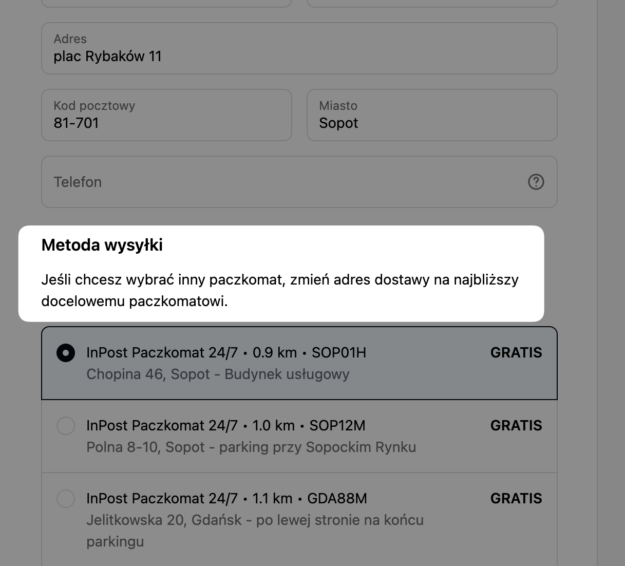 Checkout z informacją wyświetlaną nad listą punktów odbioru