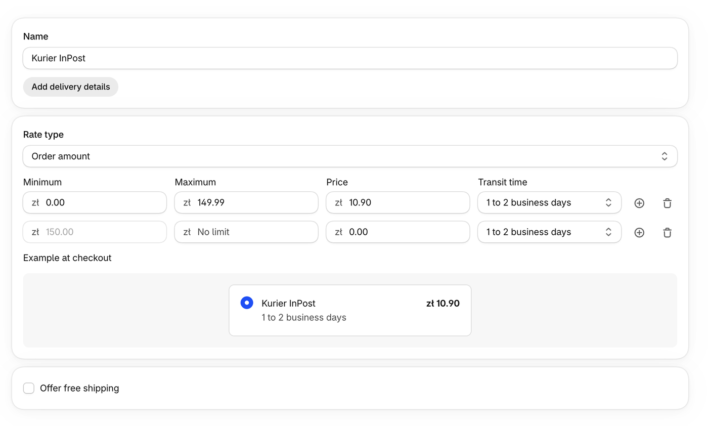 Kurier InPost shipping option with two tiers: 10.90 zł up to 149.99 zł and 0.00 zł from 150.00 zł